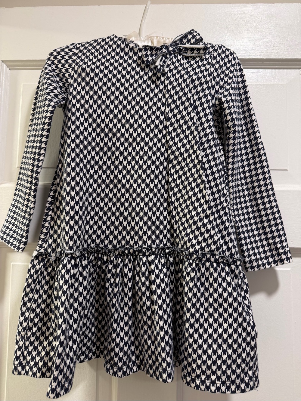 Mayoral Navy and White Houndstooth Bow-Trim Long-Sleeve Dress